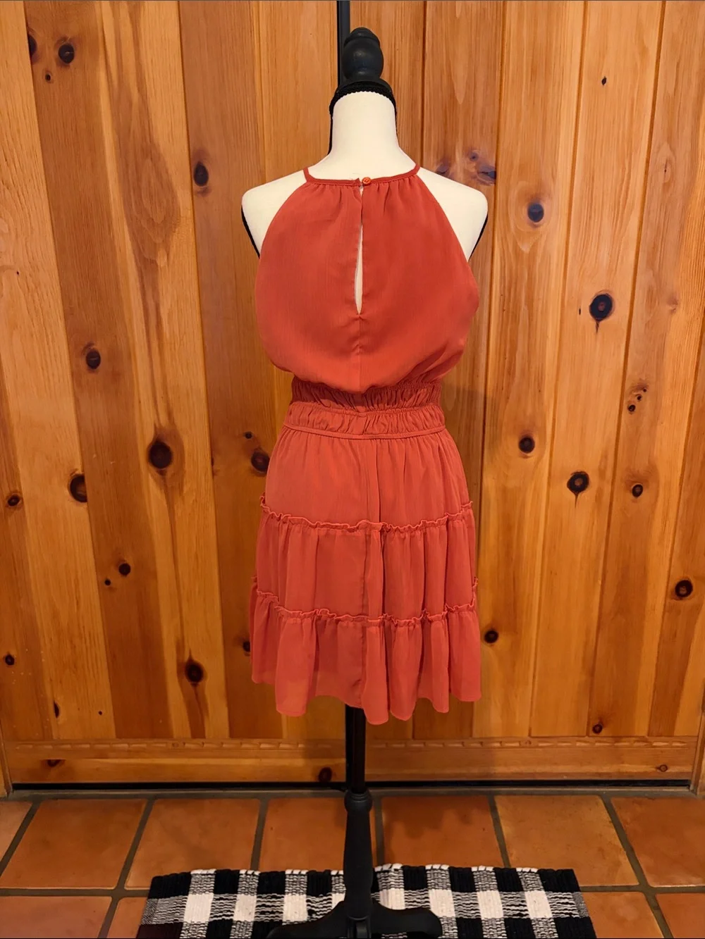Rust Orange Halter Tiered Mini Country Western Boho Festival Dress Size Medium - Picture 2 of 6